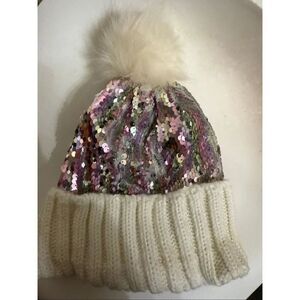 Tucker + Tate Kids Sparkle Sequins Rib Knit Pom Beanie Hat Purple White One Size
